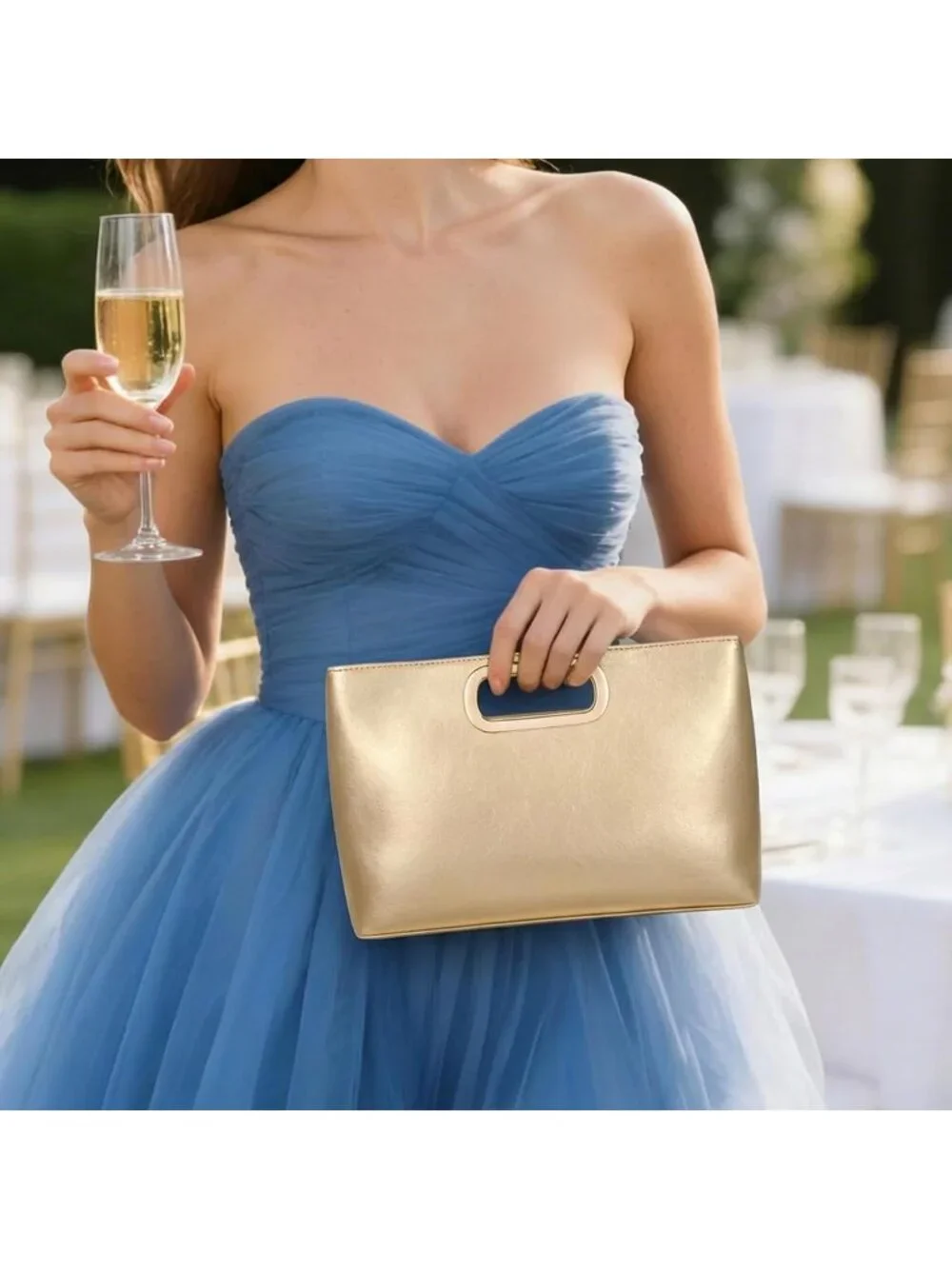 Women Gold Clutch Handbag Modern Faux Leather with Metal Handle Evening Bag